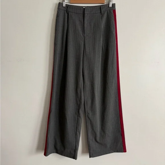 Commense Gray Pinstripe Wide Leg Pants Red Side Stripe Size M High Rise Trouser - Picture 2 of 6